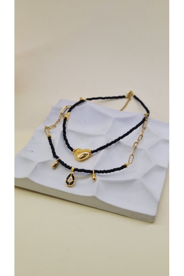 Velvet Gold κολιέ μαύρο όνυχα χρυσή καρδιά