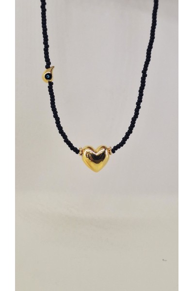 Velvet Gold κολιέ μαύρο όνυχα χρυσή καρδιά