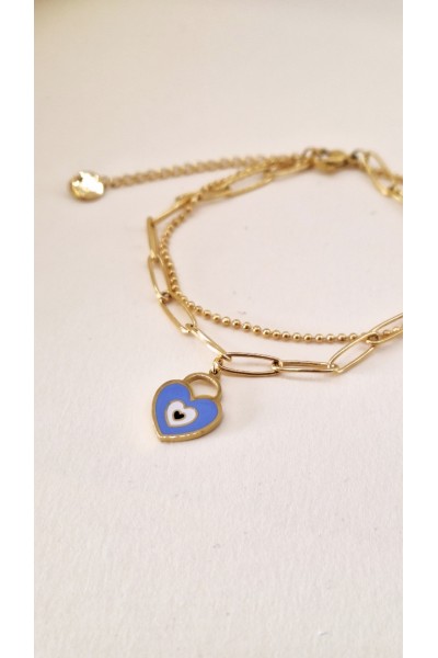 S.Steel διπλό βραχιόλι με μπλε κρεμαστή καρδιά