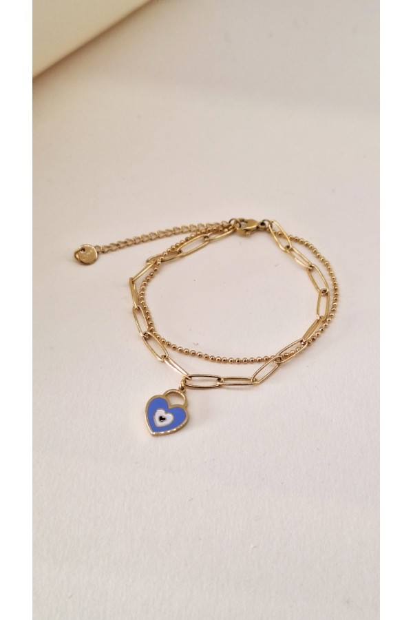 S.Steel διπλό βραχιόλι με μπλε κρεμαστή καρδιά