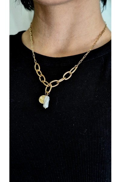 S.Steel κολιέ φλουρί με πέρλα χρυσό