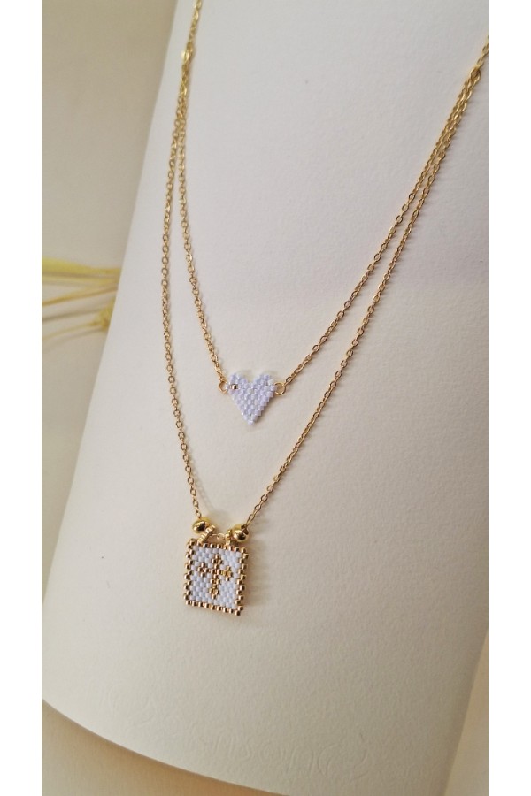 Χειροποίητο διπλό κολιέ με καρδιά και σταυρό miyuki λευκό