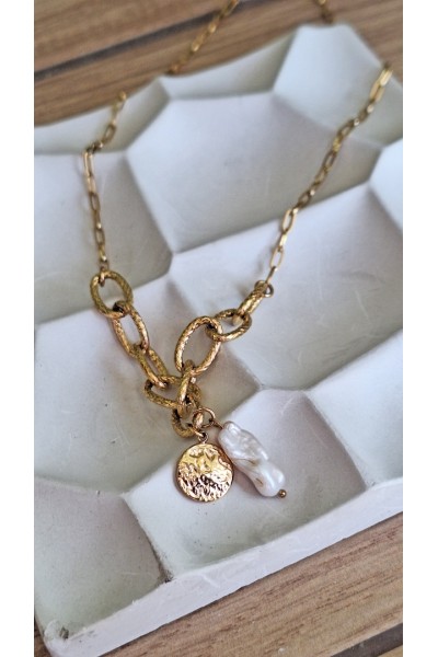 S.Steel κολιέ φλουρί με πέρλα χρυσό