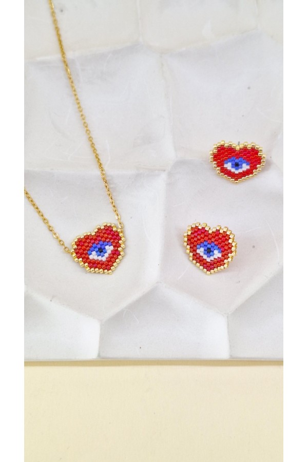 Steel κολιέ Heart & Eye με Miyuki Χάντρες κόκκινο-χρυσό