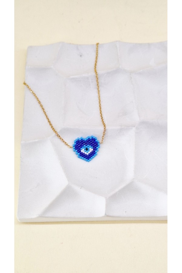 Steel κολιέ Heart & Eye με Miyuki Χάντρες μπλε-χρυσό