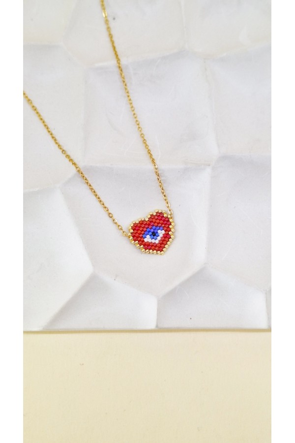 Steel κολιέ Heart & Eye με Miyuki Χάντρες κόκκινο-χρυσό