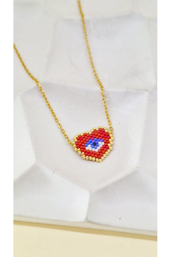 Steel κολιέ Heart & Eye με Miyuki Χάντρες κόκκινο-χρυσό