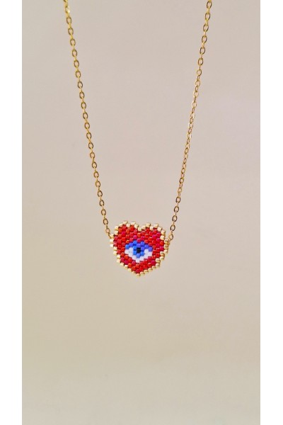 Steel κολιέ Heart & Eye με Miyuki Χάντρες κόκκινο-χρυσό