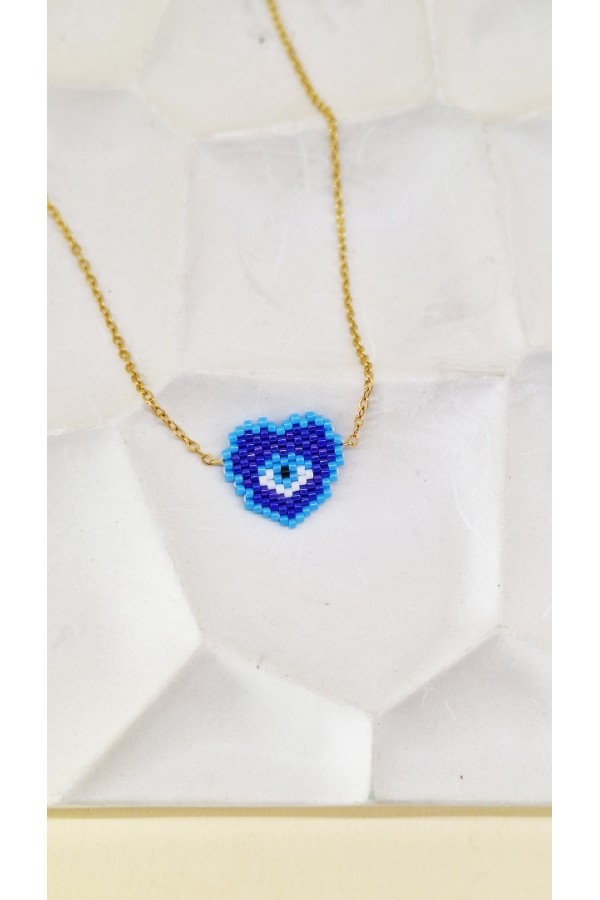 Steel κολιέ Heart & Eye με Miyuki Χάντρες μπλε-χρυσό