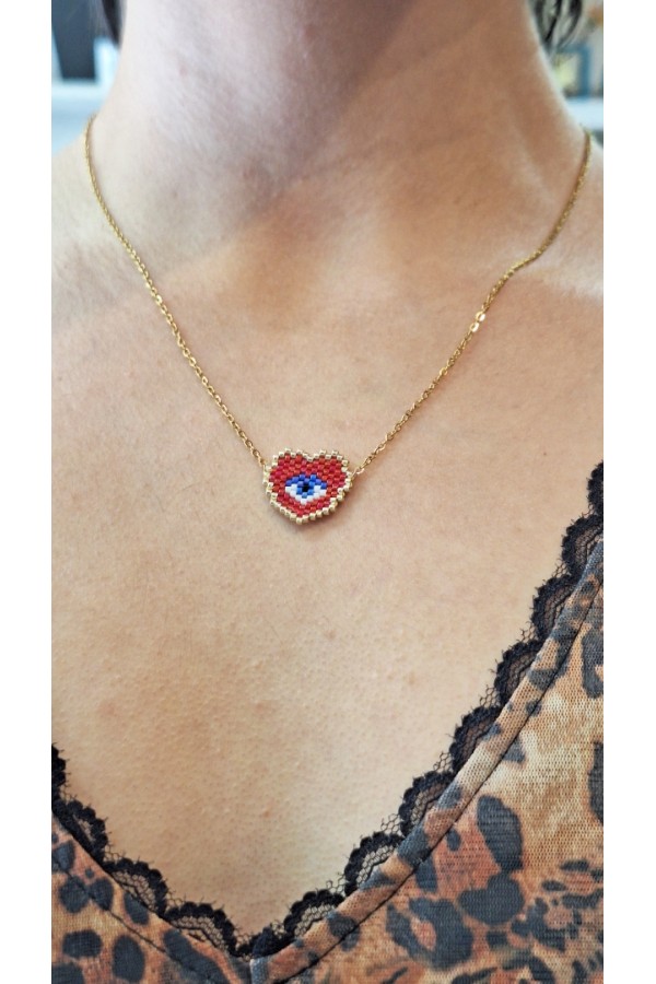 Steel κολιέ Heart & Eye με Miyuki Χάντρες κόκκινο-χρυσό