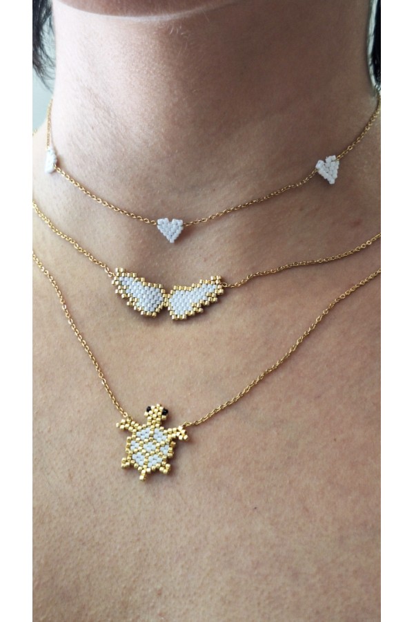 Κολιέ με χρυσά φτερά από Miyuki χάντρες λευκό-χρυσό