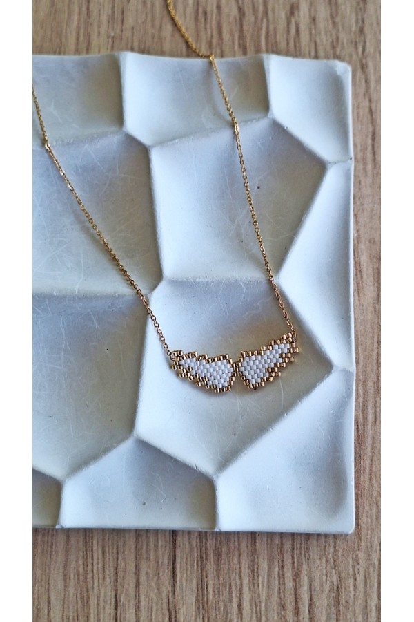 Κολιέ με χρυσά φτερά από Miyuki χάντρες λευκό-χρυσό