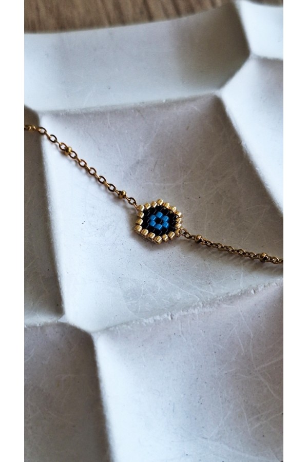 Χειροποίητο βραχιόλι με ματάκι από γιαπωνέζικες χάντρες Miyuki μαύρο-χρυσό