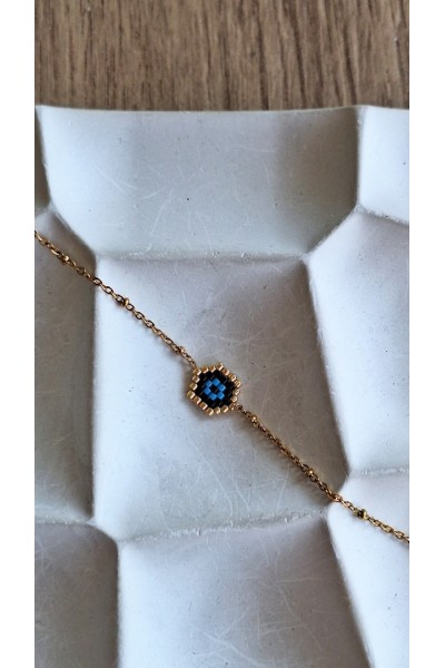 Χειροποίητο βραχιόλι με ματάκι από γιαπωνέζικες χάντρες Miyuki μαύρο-χρυσό