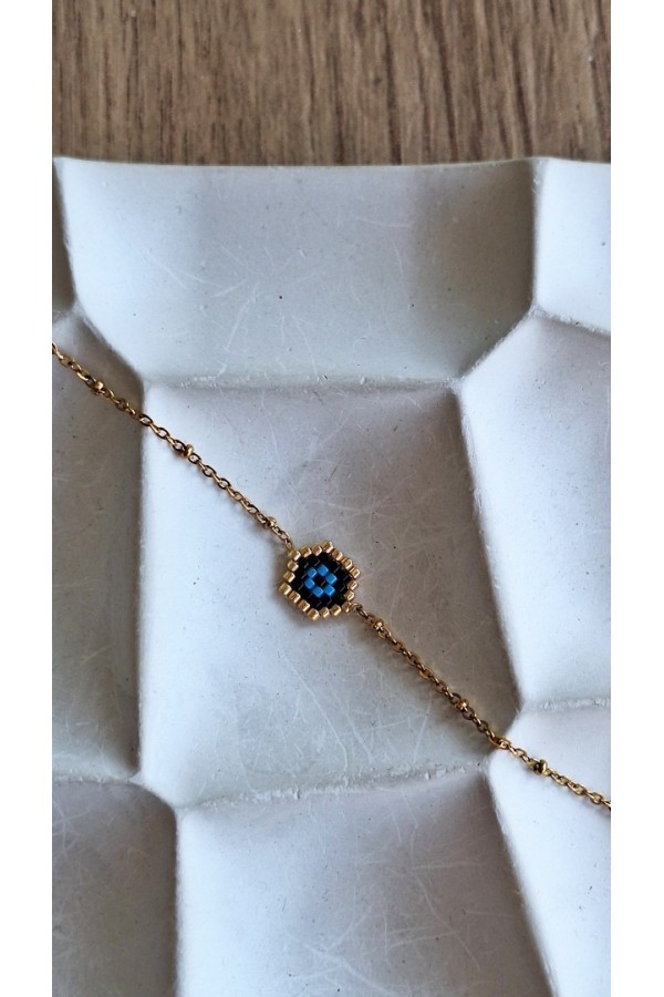 Χειροποίητο βραχιόλι με ματάκι από γιαπωνέζικες χάντρες Miyuki μαύρο-χρυσό