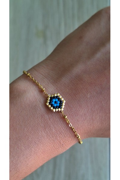 Χειροποίητο βραχιόλι με ματάκι από γιαπωνέζικες χάντρες Miyuki μαύρο-χρυσό