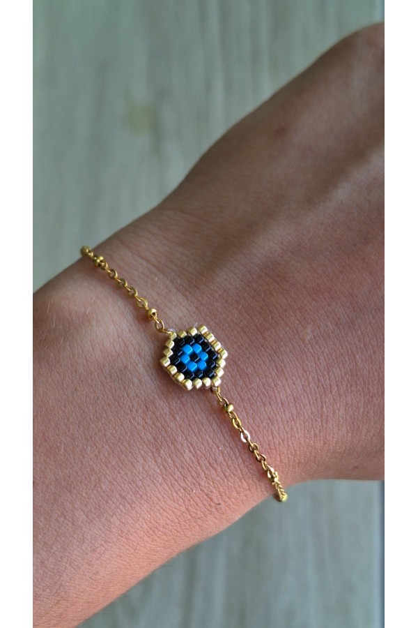 Χειροποίητο βραχιόλι με ματάκι από γιαπωνέζικες χάντρες Miyuki μαύρο-χρυσό