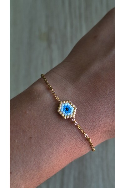 Χειροποίητo βραχιόλι με ματάκι από γιαπωνέζικες χάντρες Miyuki λευκό-χρυσό