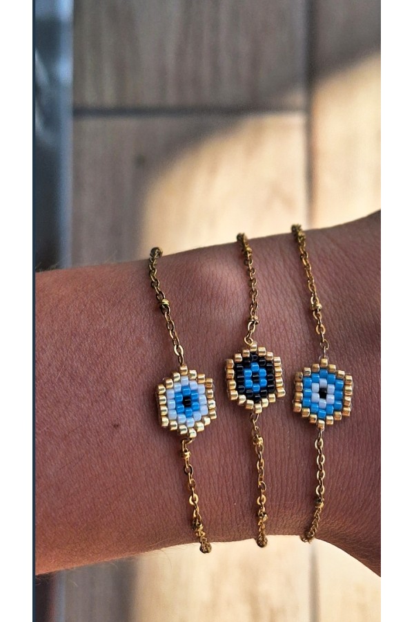 Χειροποίητο βραχιόλι με ματάκι από γιαπωνέζικες χάντρες Miyuki μαύρο-χρυσό