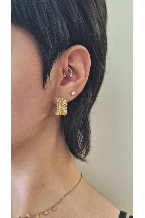 Χειροποίητο κρικάκι με πλέξιμο από γιαπωνέζικες χάντρες Miyuki χρυσό