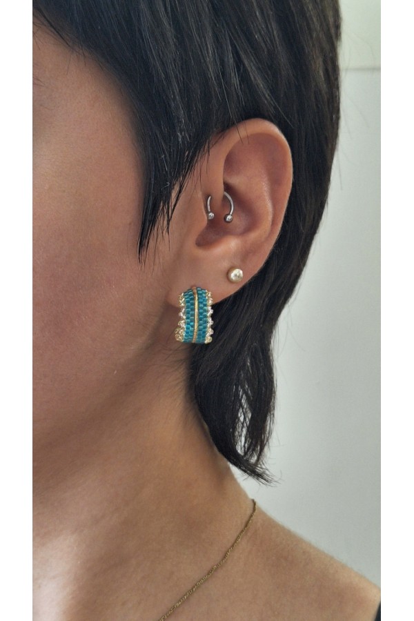 Χειροποίητο κρικάκι με πλέξιμο από γιαπωνέζικες χάντρες Miyuki τιρκουάζ-χρυσό