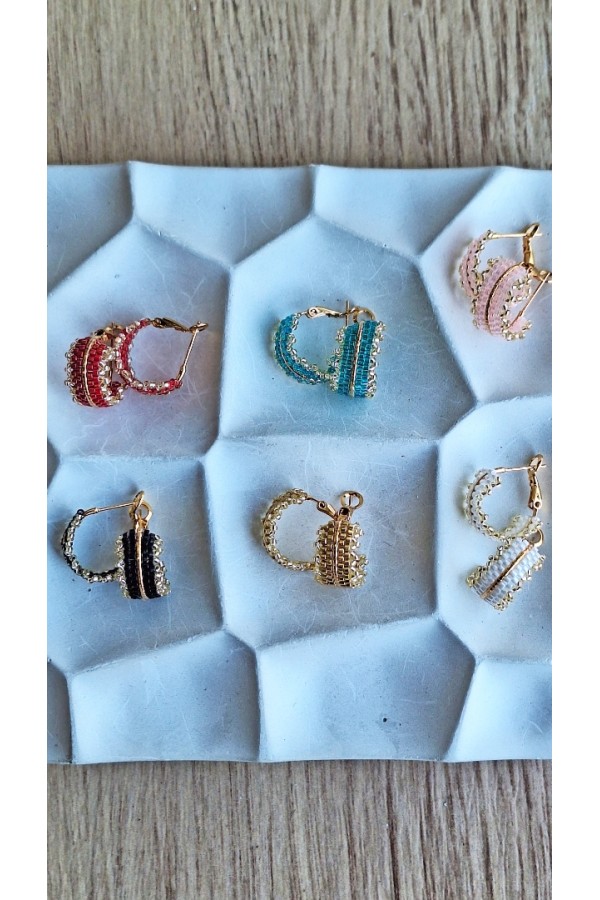 Χειροποίητο κρικάκι με πλέξιμο από γιαπωνέζικες χάντρες Miyuki τιρκουάζ-χρυσό