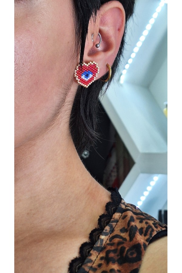 Χειροποίητο σκουλαρίκι καρδιά-ματάκι με γιαπωνέζικες χάντρες Miyuki κόκκινο