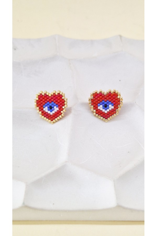 Χειροποίητο σκουλαρίκι καρδιά-ματάκι με γιαπωνέζικες χάντρες Miyuki κόκκινο