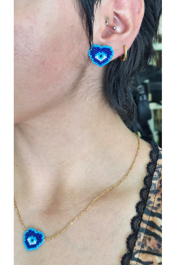 Χειροποίητο σκουλαρίκι καρδιά-ματάκι με γιαπωνέζικες χάντρες Miyuki – Μπλε αποχρώσεις