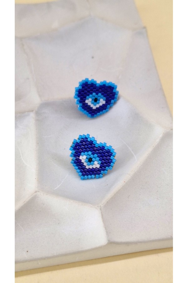 Χειροποίητο σκουλαρίκι καρδιά-ματάκι με γιαπωνέζικες χάντρες Miyuki – Μπλε αποχρώσεις