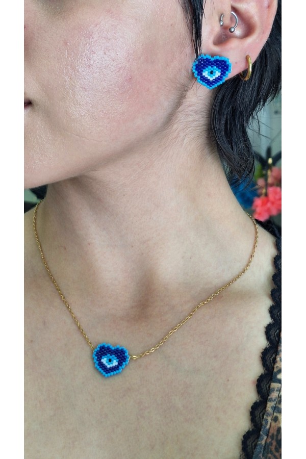 Σετ κοσμημάτων κολιέ κ σκουλαρίκια καρδιά-ματάκι με γιαπωνέζικες χάντρες Miyuki μπλε