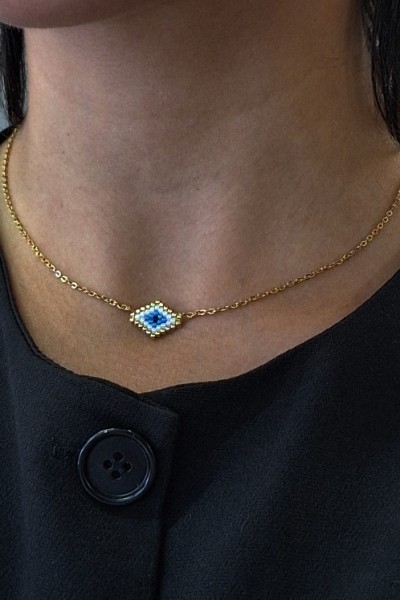 Χειροποίητο Κολιέ με Ματάκι Miyuki Λευκό σε Σχήμα Ρόμβου Χρυσό (με γωνίες)