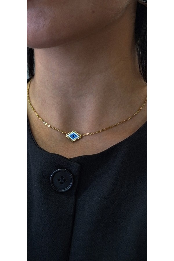 Χειροποίητο Κολιέ με Ματάκι Miyuki Λευκό σε Σχήμα Ρόμβου Χρυσό (με γωνίες)