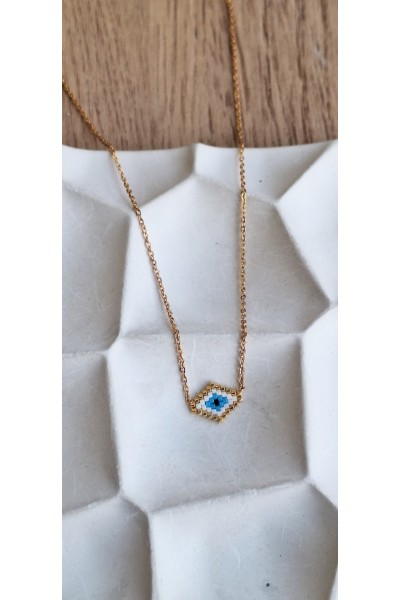 Χειροποίητο Κολιέ με Ματάκι Miyuki Λευκό σε Σχήμα Ρόμβου Χρυσό (με γωνίες)