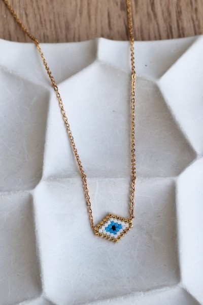 Χειροποίητο Κολιέ με Ματάκι Miyuki Λευκό σε Σχήμα Ρόμβου Χρυσό (με γωνίες)