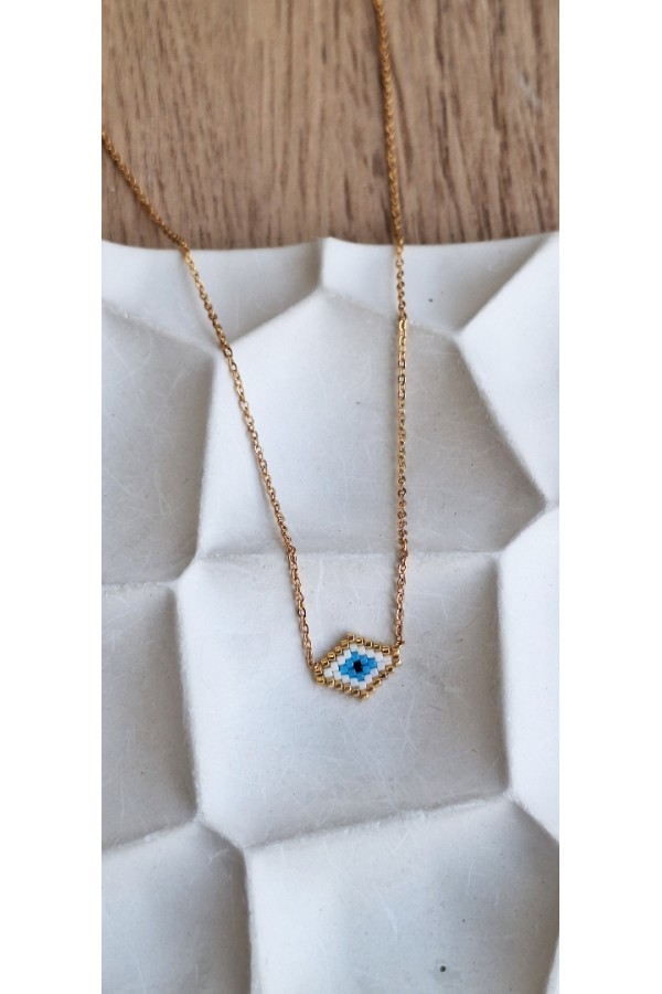 Χειροποίητο Κολιέ με Ματάκι Miyuki Λευκό σε Σχήμα Ρόμβου Χρυσό (με γωνίες)