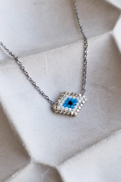 Χειροποίητο Κολιέ με Ματάκι Miyuki Λευκό σε Σχήμα Ρόμβου Ασημί (με γωνίες)