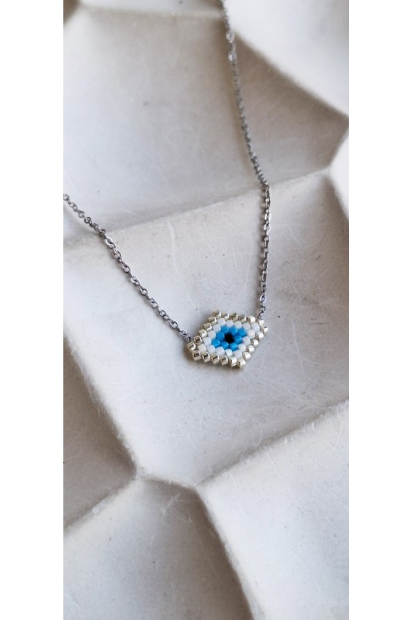 Χειροποίητο Κολιέ με Ματάκι Miyuki Λευκό σε Σχήμα Ρόμβου Ασημί (με γωνίες)