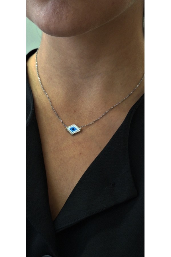 Χειροποίητο Κολιέ με Ματάκι Miyuki Λευκό σε Σχήμα Ρόμβου Ασημί (με γωνίες)