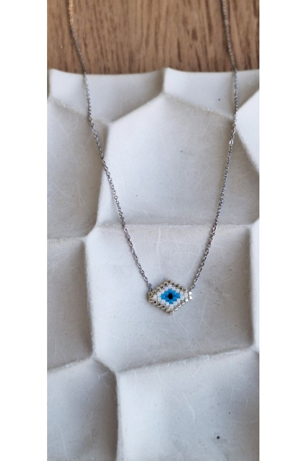 Χειροποίητο Κολιέ με Ματάκι Miyuki Λευκό σε Σχήμα Ρόμβου Ασημί (με γωνίες)