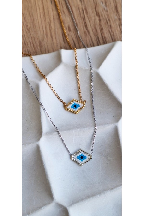 Χειροποίητο Κολιέ με Ματάκι Miyuki Λευκό σε Σχήμα Ρόμβου Χρυσό (με γωνίες)