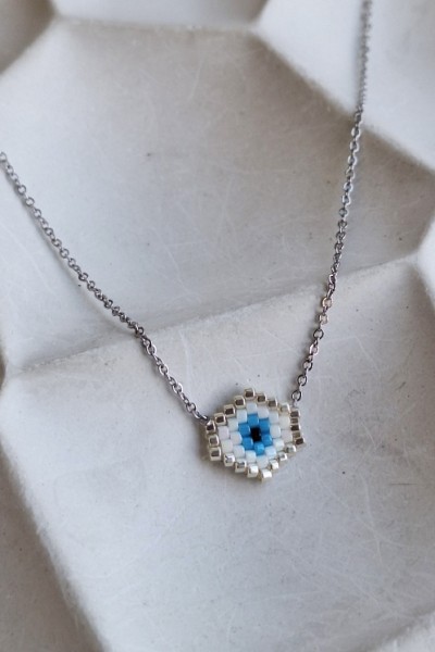 Χειροποίητο Κολιέ με Ματάκι Miyuki Λευκό σε Σχήμα Ρόμβου Ασημί (χωρίς γωνίες)