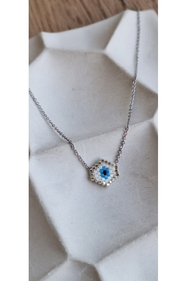 Χειροποίητο Κολιέ με Ματάκι Miyuki Λευκό σε Σχήμα Ρόμβου Ασημί (χωρίς γωνίες)