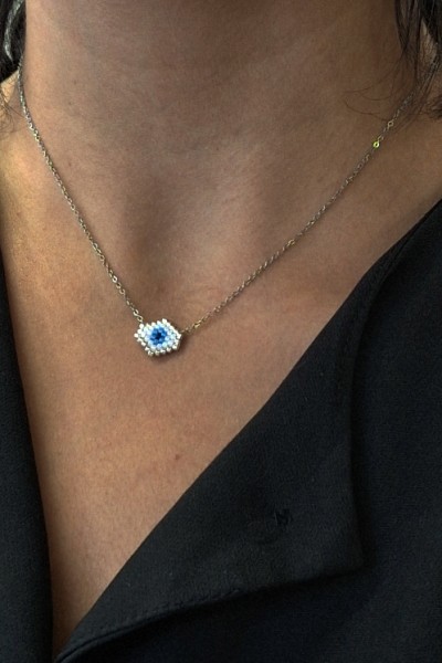 Χειροποίητο Κολιέ με Ματάκι Miyuki Λευκό σε Σχήμα Ρόμβου Ασημί (χωρίς γωνίες)