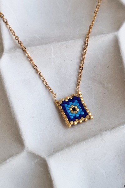 Κολιέ με Τετράγωνο Μάτι από Miyuki Χάντρες & Ατσάλινη Αλυσίδα χρυσό-μπλε