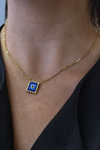 Κολιέ με Τετράγωνο Μάτι από Miyuki Χάντρες & Ατσάλινη Αλυσίδα χρυσό-μπλε