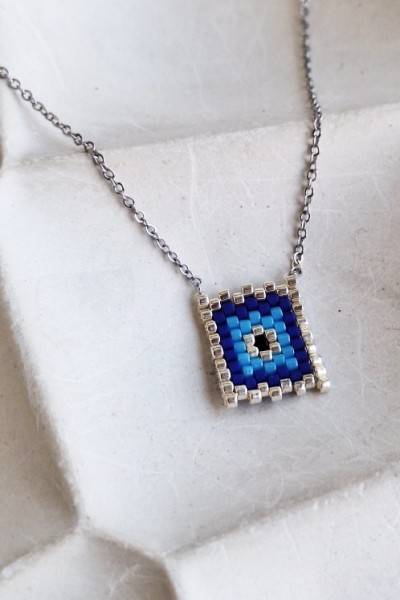 Κολιέ με Τετράγωνο Μάτι από Miyuki Χάντρες & Ατσάλινη Αλυσίδα ασημί-μπλε