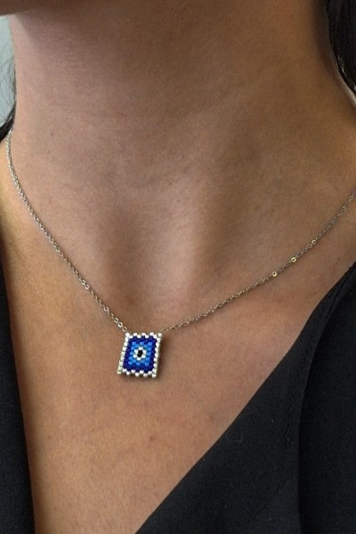 Κολιέ με Τετράγωνο Μάτι από Miyuki Χάντρες & Ατσάλινη Αλυσίδα ασημί-μπλε