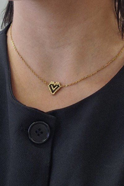 Κολιέ με Καρδούλα από Miyuki Χάντρες χρυσό-μαύρο-χρυσό