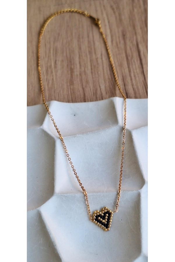 Κολιέ με Καρδούλα από Miyuki Χάντρες χρυσό-μαύρο-χρυσό